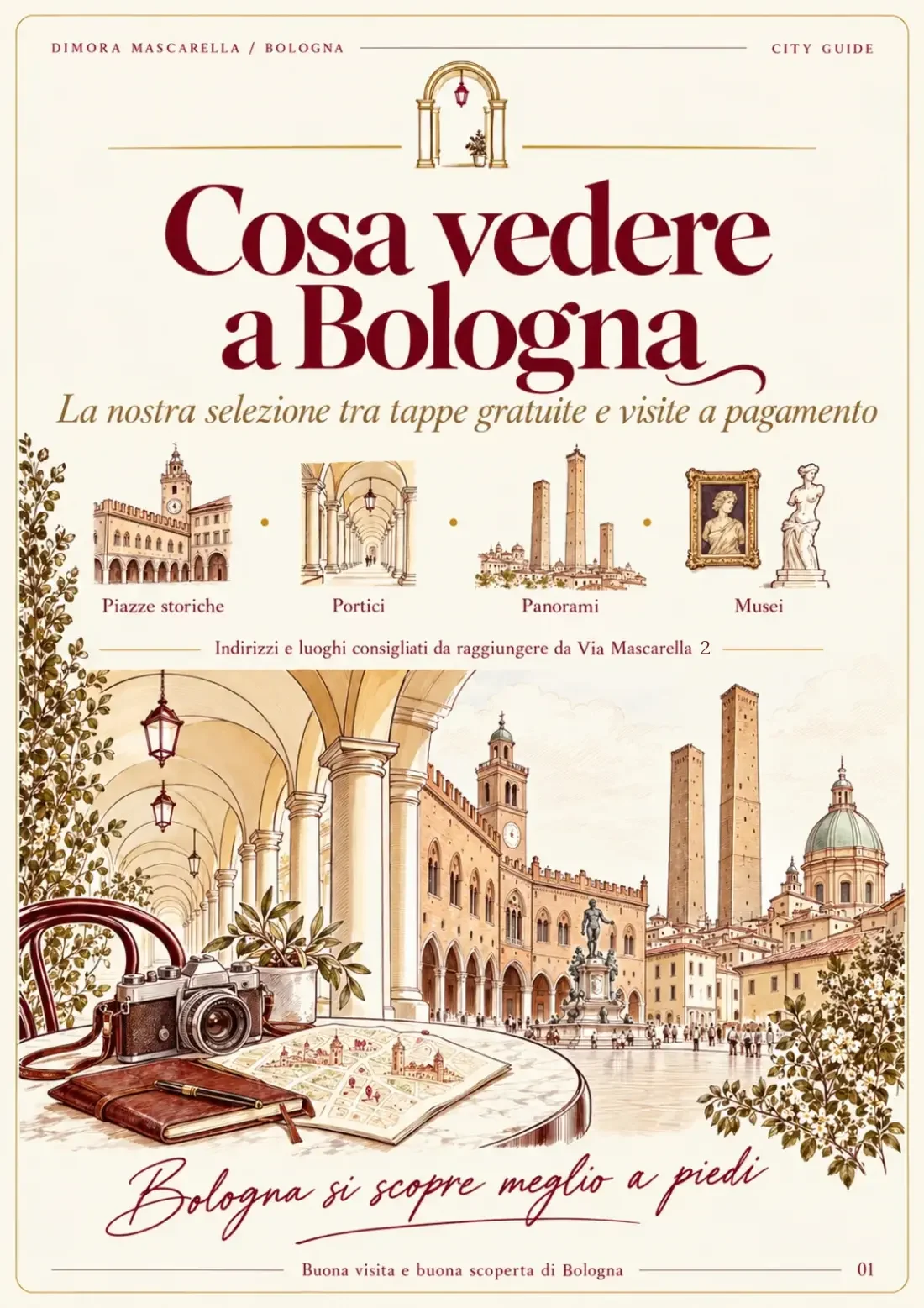 Copertina illustrata della guida: cosa vedere a Bologna