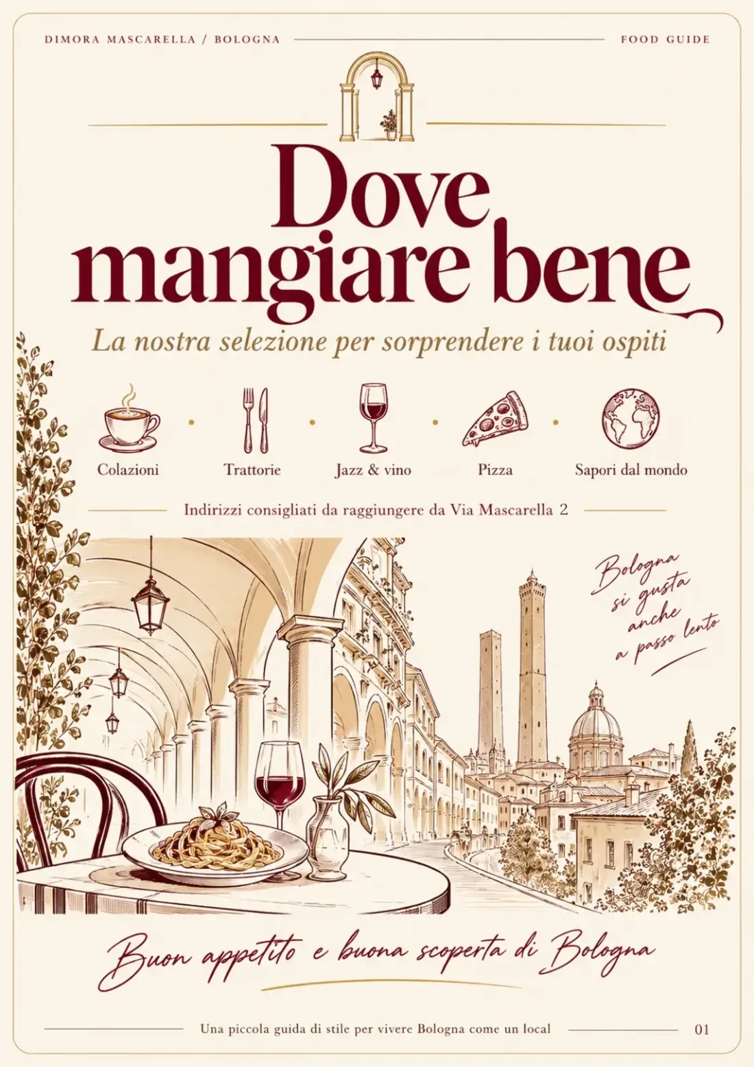 Copertina illustrata della guida: dove mangiare a Bologna